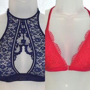 Victoria's Secret Small Bralette Lot Navy Blue Red Lace High Neck Triangle boho